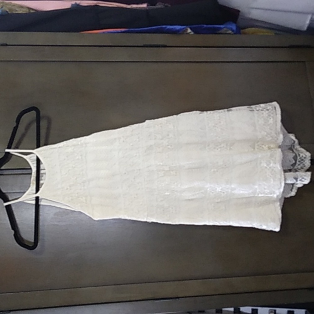 REWIND girls white lace over white satin sleeveless spiaghetti strap high/low
